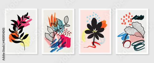 Botanical wall art vector set. Earth tone boho foliage line art drawing with  abstract shape.  Abstract Plant Art design for wall framed prints, canvas prints, poster, home decor, cover, wallpaper.