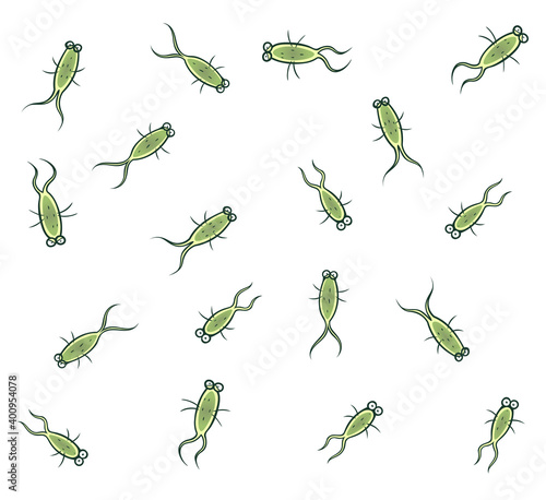 Many cartoon bacteria on the white background