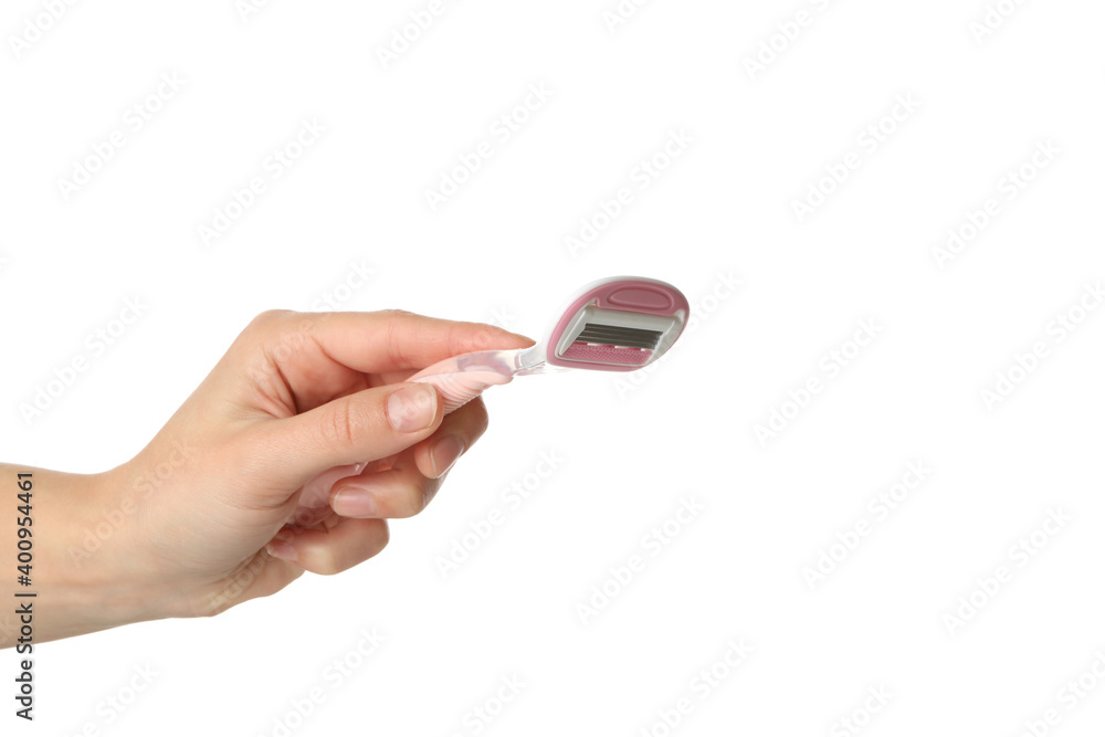 Female hand hold razor, isolated on white background Female hand hold razor, isolated on white background