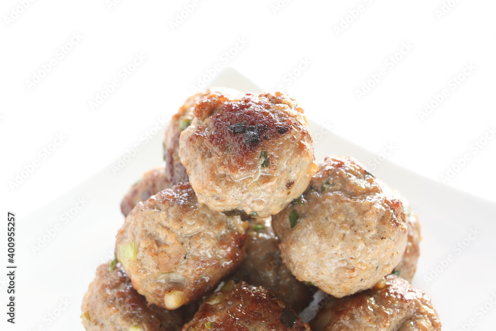 Chinese food, homemade pork and beef meatball on dish for comfort food Chinese food, homemade pork and beef meatball on dish for comfort food