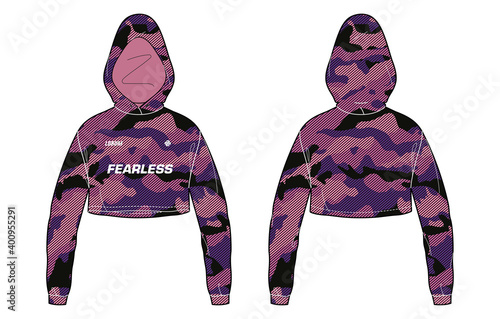Camouflage Women long sleeve Sports Hooded crop top  sweatshirt t-shirt Jersey design concept Illustration Vector suitable for girls and Ladies for training uniform kit for sports activity