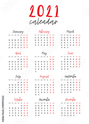 2021 white calendar template vector