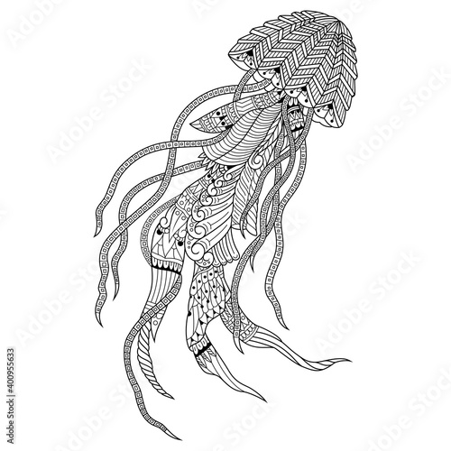 Hand drawn of jellyfish in zentangle style