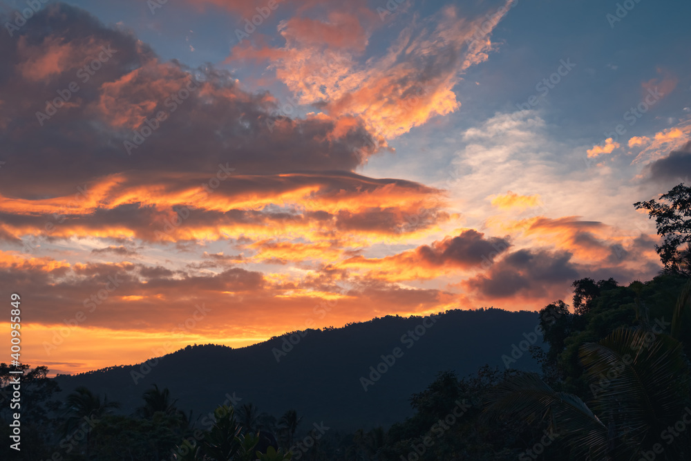 Fototapeta premium Panorama of a forest valley with mountains at colorful sunset. View from the balcony.