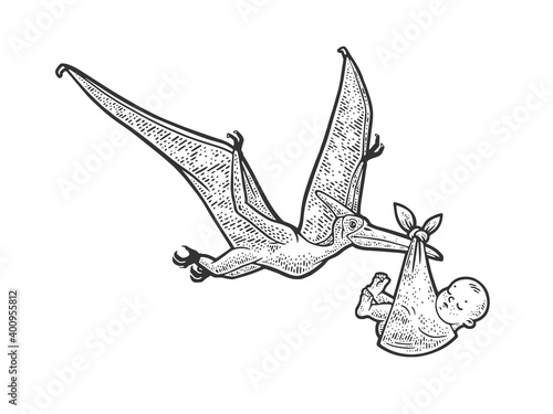 pterodactyl carries newborn baby sketch engraving vector illustration. T-shirt apparel print design. Scratch board imitation. Black and white hand drawn image.