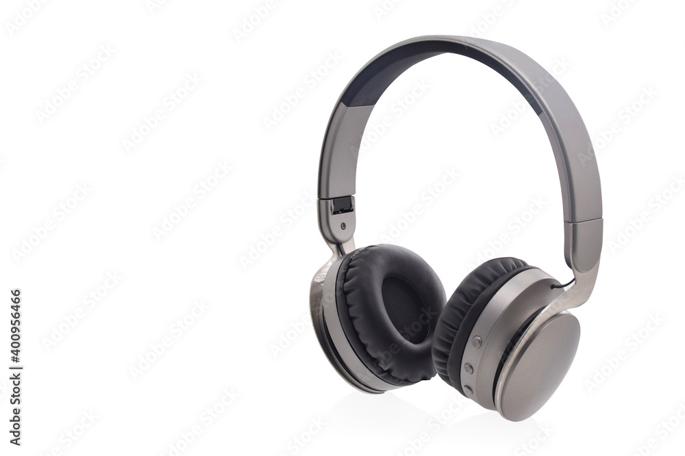 gray and black headphones on white background, object, technology, copy space gray and black headphones on white background, object, technology, copy space