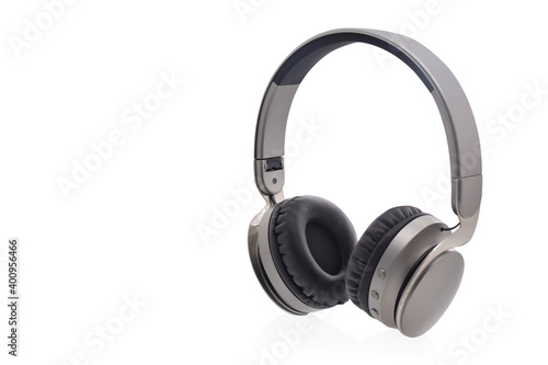 gray and black headphones on white background, object, technology, copy space
