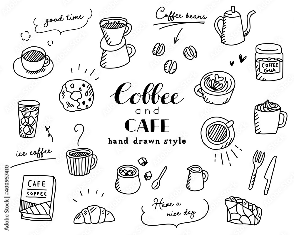 手描きのコーヒー カフェのイラスト セット 珈琲 スケッチ スイーツ マグカップ おしゃれ Stock Vector Adobe Stock