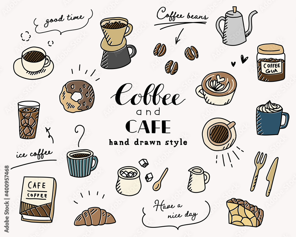 手描きのコーヒー カフェのイラスト セット 珈琲 スケッチ スイーツ マグカップ おしゃれ Stock Vector Adobe Stock