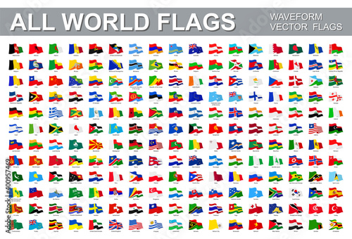 All world flags - vector set of waveform flat icons. Flags of all countries and continents
