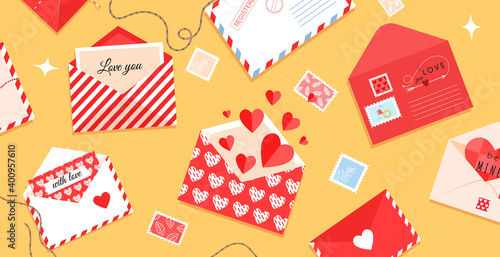Romantic envelopes and cards on the table for valentine's day. Postcards and stamps with hearts. Letters for lovers in a flat style. Vector stock illustration