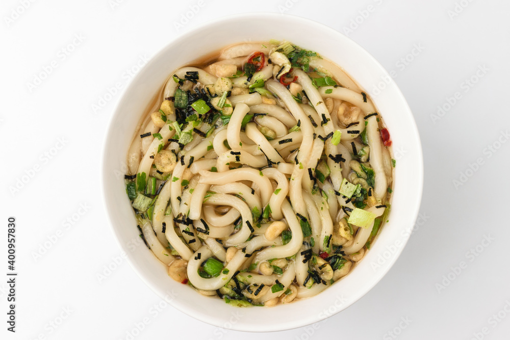 Soup udon on white background Soup udon on white background