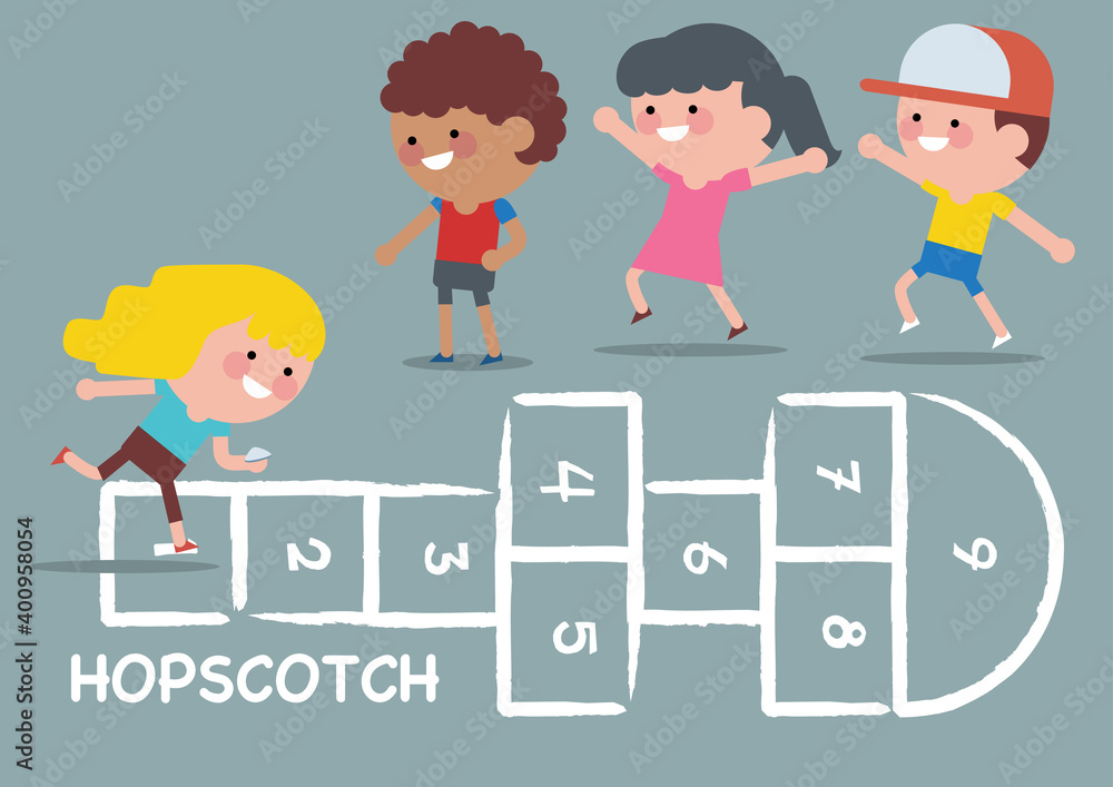 PrintChildren of various Ethnic Groups playing hopscotch. Children vector illustration PrintChildren of various Ethnic Groups playing hopscotch. Children vector illustration