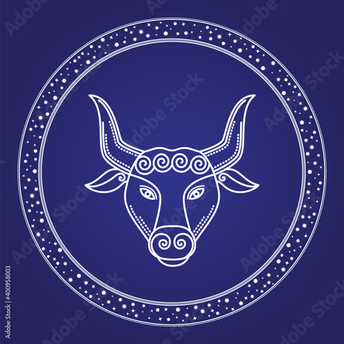 Astrology zodiac Taurus horoscope symbol in white circle. Zodiacal head of starry character with horns isolated on blue. Outline of calendar astronomy sign. Cosmos element stars in mystic shape vector