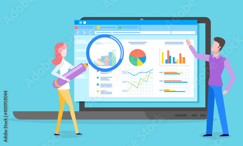 Business analyst. Professional business man analyzing business growth on data presentation. Marketing research concept. Male character explains the diagrams to woman with magnifying glass in her hand