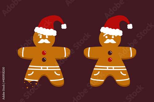 Couple of cute cartoon gingerbread men in santa hats, christmas traditional cookies, biscuits, whole and with teeth bite mark.