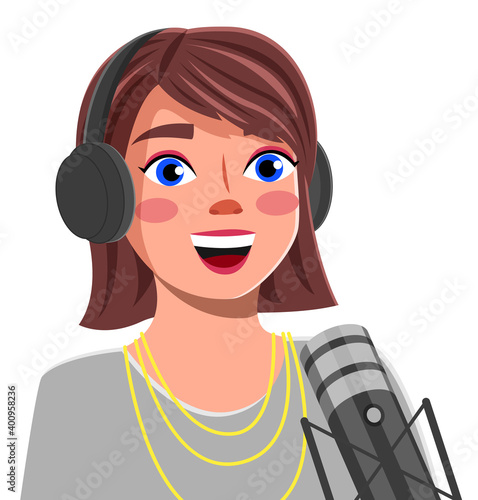 Young girl with headphones singing a song or talking to a microphone vector illustration. Recording a song in a sound studio. Cute smiling woman engaged in a vocal course, record audio lesson
