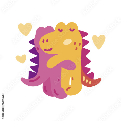 Cute colorful vector doodle with dinosaurs in love. Hand drawn dinosaurs hugs with heart. Vector template for card, postcard, banner, poster, sticker and social media