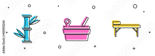 Set Bamboo, Sauna bucket and ladle and Massage table icon. Vector.