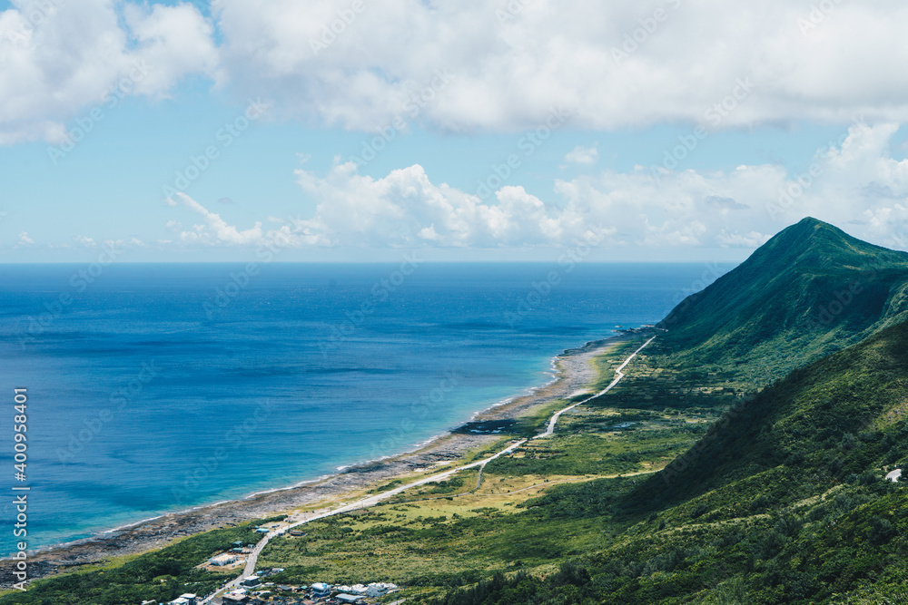 The top view of the ocean and mountain on the top point (Lanyu weather station) of Lanyu island in summer.