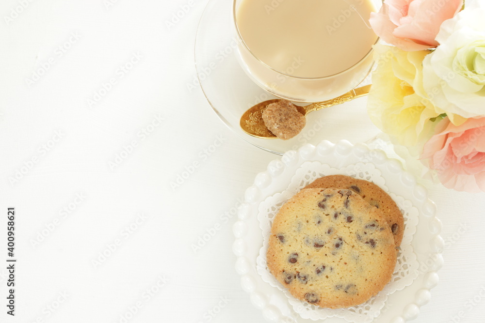 Homemade chocolate chips cookie on dish Homemade chocolate chips cookie on dish