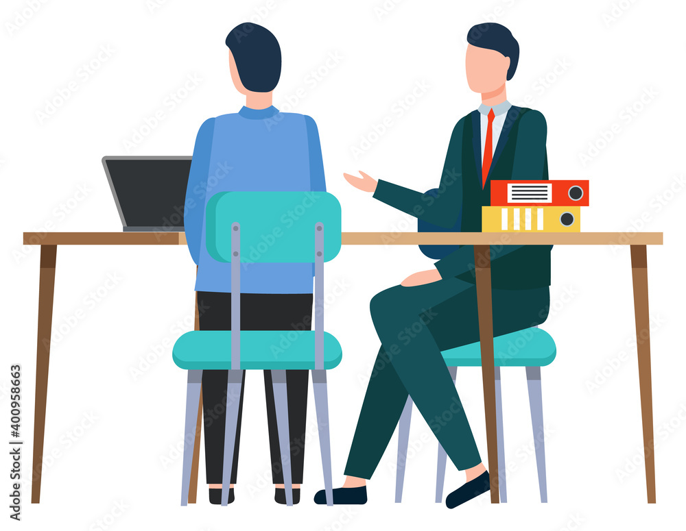 Man and worker sitting by table discussing business issues. Boss and employee with laptop brainstorming on meeting. Partners of company considering cooperation of organization. Vector in flat Man and worker sitting by table discussing business issues. Boss and employee with laptop brainstorming on meeting. Partners of company considering cooperation of organization. Vector in flat