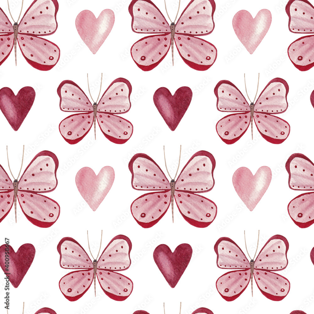 Seamless pattern with Pink butterfly and hearts on white background, cute hand painted watercolor illustration