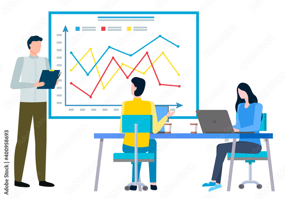 Presentation for workers of company. Boss and employees sitting by laptops. People using computers, analysing data on whiteboard. Director giving data explanation for students vector in flat Presentation for workers of company. Boss and employees sitting by laptops. People using computers, analysing data on whiteboard. Director giving data explanation for students vector in flat
