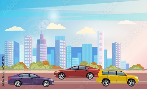 Fototapeta Naklejka Na Ścianę i Meble -  Cars riding at street vector, vehicle in city transportation. A lot of car in town on highway. Cityscape with high buildings and skyscrapers. Downtown with machine, automobile illustration flat style