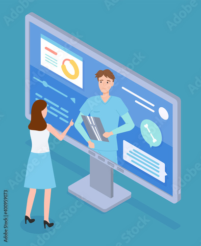 Traumatologist consults patient online via screen cartoon monitor. Traumatologist holds x-ray picture of broken bone, bone icon, text messages. Traumatology online. The concept of remote medical care