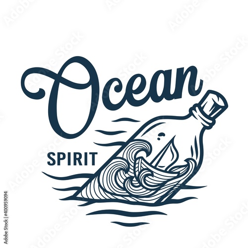 Nautical marine boat in bottle on ocean waves