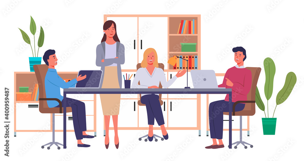 Businesspeople communicating, discuss a project. Business meeting, working process. Man manager consulting sitting at a big table with laptops in office space, talking about conclusion of contract