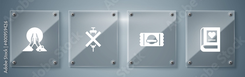 Set Medical book, Sports nutrition, No doping syringe and Meditation. Square glass panels. Vector.