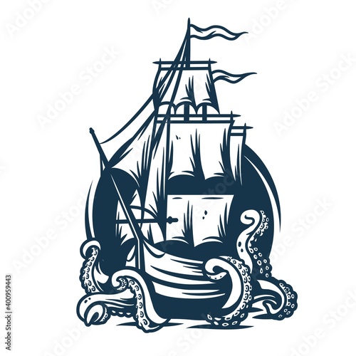 Marine nautical sea ship and kraken, wanderlust