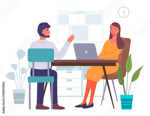Man and woman works together, colleagues, employees. Business people sit at the table on workplace, works on laptops. Vector flat illustration managers discuss working issues in office space