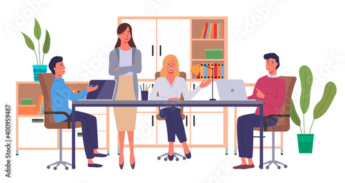 Businesspeople communicating, discuss a project. Business meeting, working process. Man manager consulting sitting at a big table with laptops in office space, talking about conclusion of contract