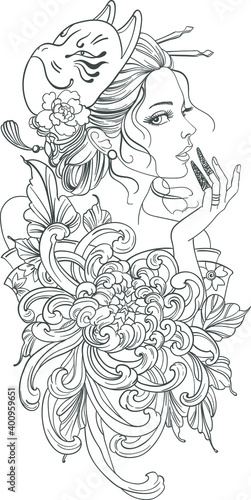 Geisha japanese girl kabuki mask vector illustration