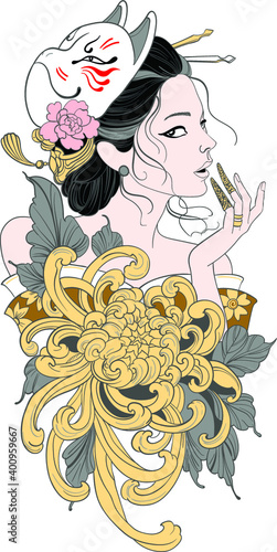 Geisha japanese girl kabuki mask vector illustration