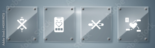 Set Attention to health heart, No Smoking, Mobile with rate and doping syringe. Square glass panels. Vector.