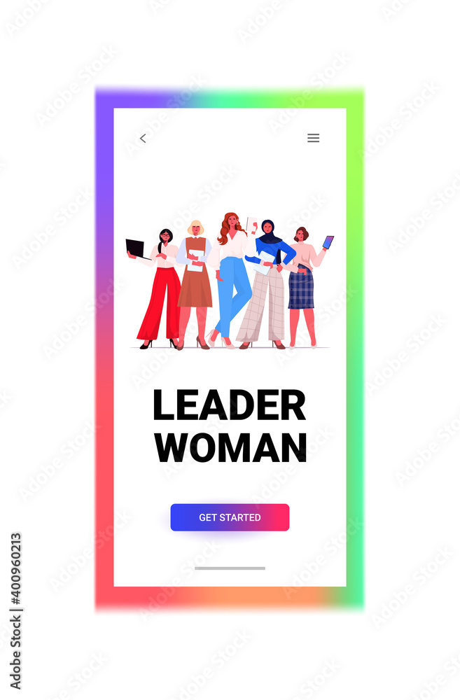 businesswomen leaders in formal wear standing together successful business women team leadership concept female office workers using digital gadgets vertical copy space full length vector illustration