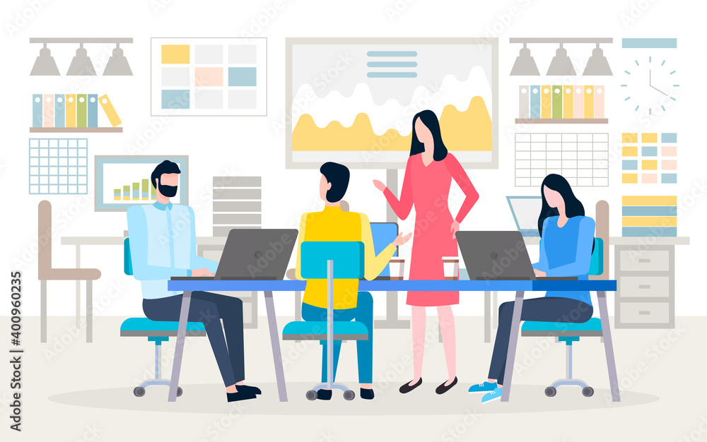 People working with laptop and discussing work, workplace decorated by boards with graph and chart. Man and woman working with pc, teamwork vector People working with laptop and discussing work, workplace decorated by boards with graph and chart. Man and woman working with pc, teamwork vector