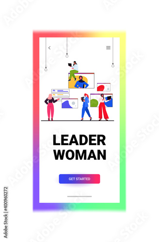 businesswomen having online conference meeting business women discussing during video call with woman leader in web browser window vertical vector illustration