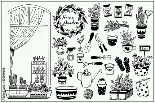Gardening items set. Window flower boxes. Cute doodle graphic illustration. Hand drawn elements.