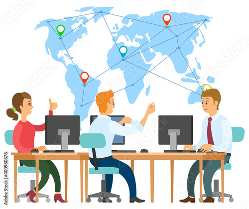 People on meeting vector, man and woman teamwork with computers and gadgets. Team working on business development support worldwide flat style character
