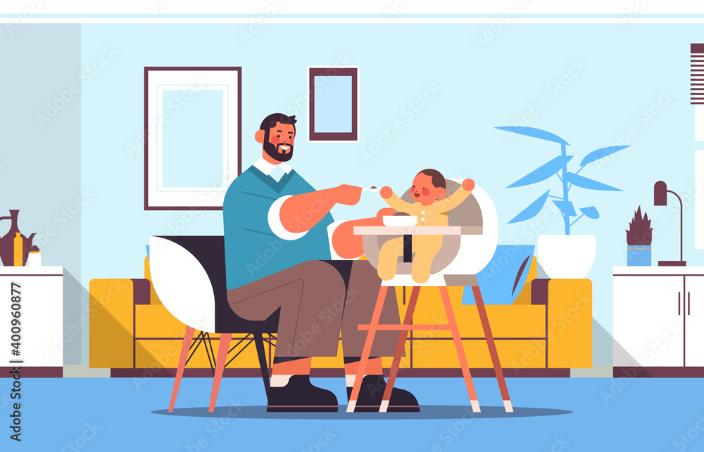young father feeding his little son on kids eating chair fatherhood parenting concept dad spending time with baby at home living room interior horizontal full length vector illustration