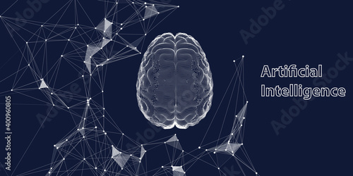 Abstract brain in virtual  grid on black  background. Artificial intelligence. Science and technology neural network concept. Vector illustration.