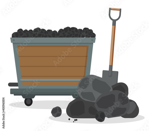 Mine cart with coal and a pile of black stones and a shovel isolated on white background. Vector equipment for work in mine, special wooden box on wheels used for transportation of soil or coal