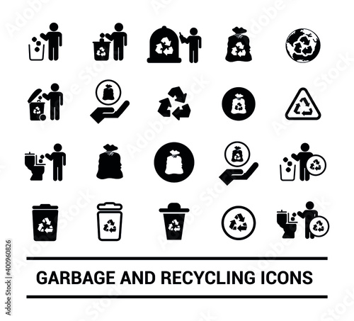Vector image. Different garbage and recycling pictograms. Trash bins.