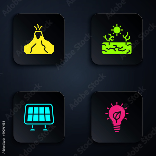 Set Light bulb with leaf, Volcano eruption lava, Solar energy panel and Drought. Black square button. Vector.