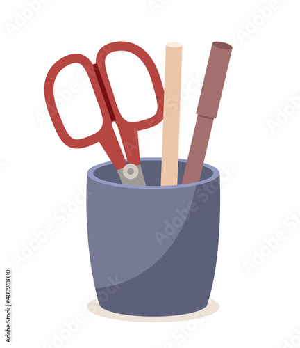 Pen holder dark blue office equipment. Scissors, pen or pencils in vertical plastic box. Office and home supply stationery and education. Vector illustration flat style isolated on white background